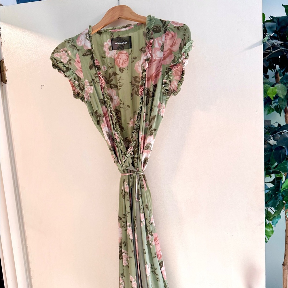 Reformation Green Wrap Dress with Pink Floral Design